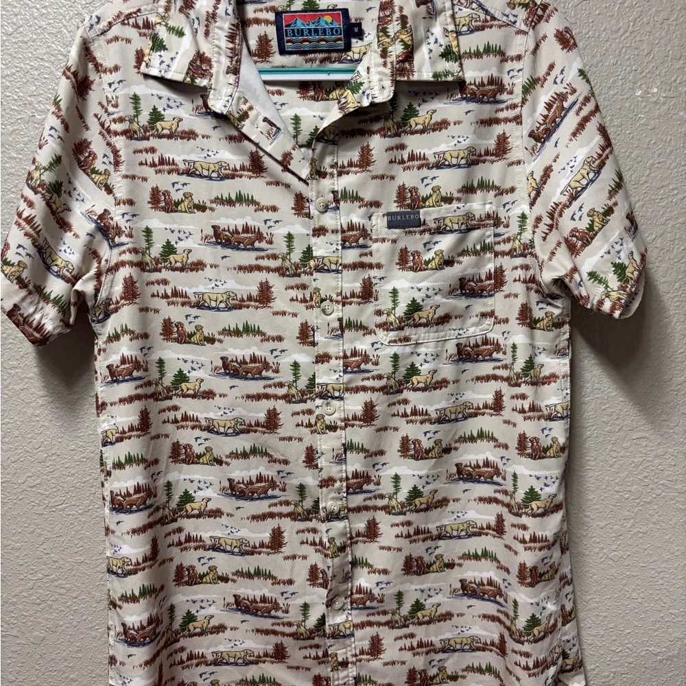 BURLEBO White and Brown Casual Button Down Shirt with Retro Print